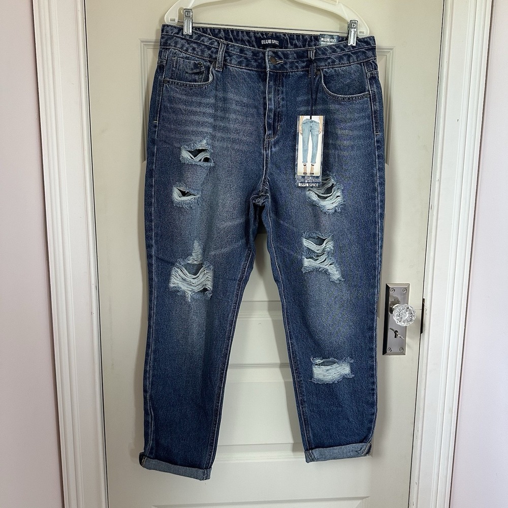 NWT Blue Spice Women Skinny Girlfriend Blue Medium Distressed Denim Jeans‎ SZ 15